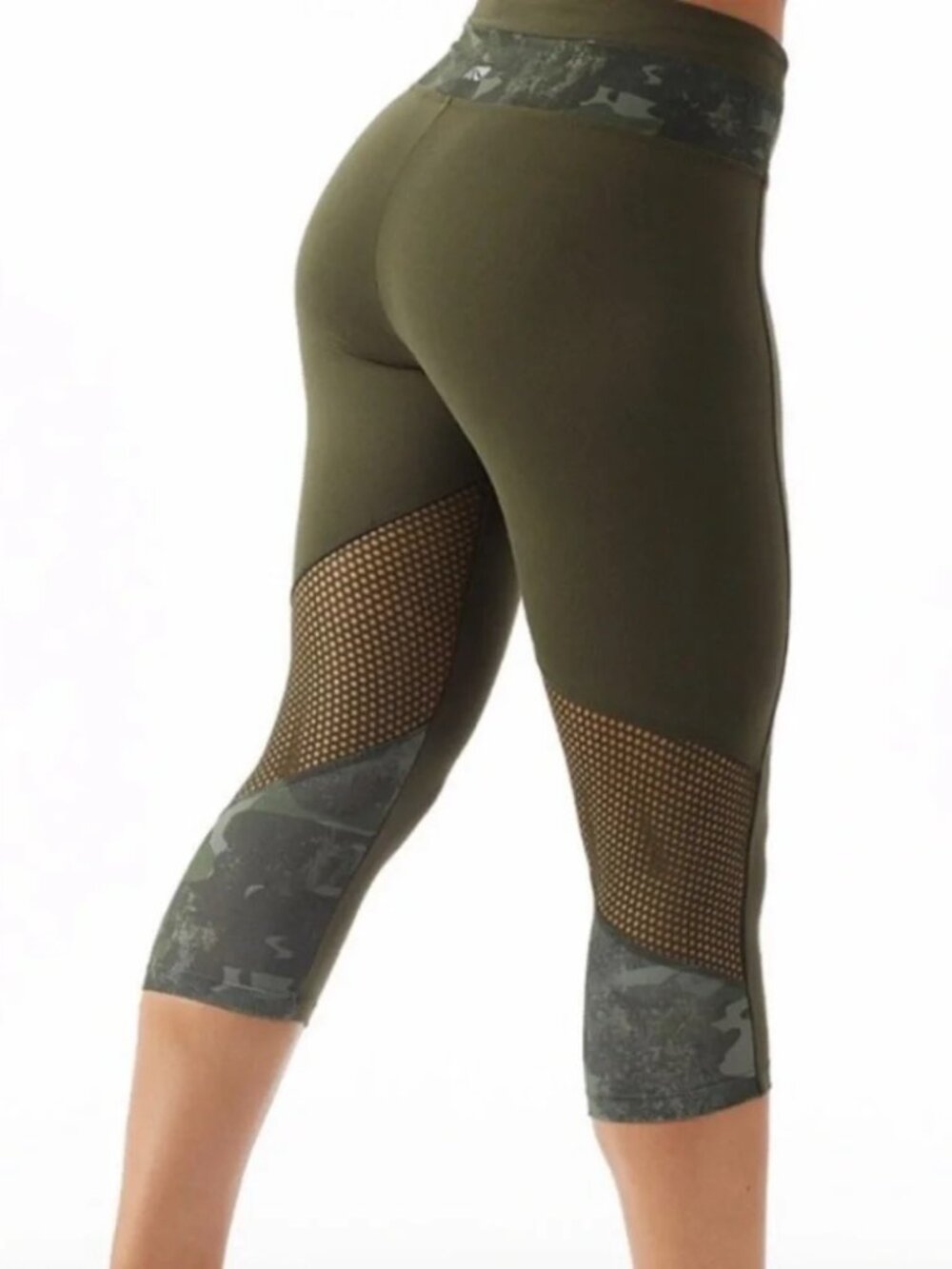 MARIKA womens LEGGINGS green YOGA soft CAMO capri length SIZE SMALL